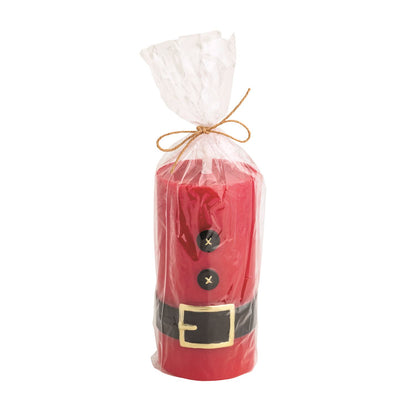 Santa Suit Flameless LED Pillar Candle, A red wax pillar candle painted as a Santa suit with two black buttons and a black belt with a gold buckle, wrapped in cellophane tied with twine.