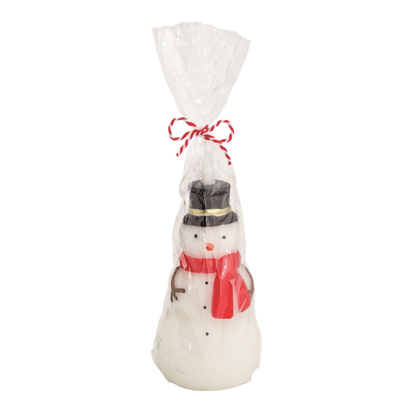 Snowman Figural Flameless Candle, A white snowman shaped wax candle with a black top hat, red scarf, carrot nose and coal buttons, wrapped in clear cellophane tied with red and white twine.