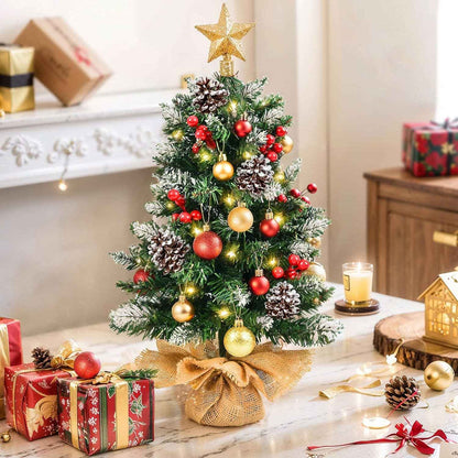 24" Tabletop Christmas Tree | Pre-Lit Lights and Ornaments