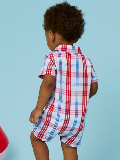 Baby Boys Lincoln Plaid Short Sleeve Woven Button-Up Romper: Multi-Color / 0-3m