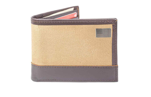 American Flag Leather Bifold Wallet: Waxed Canvas