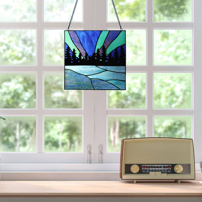 12.5"H Elena Northern Lights Lake Stained Glass Window Panel