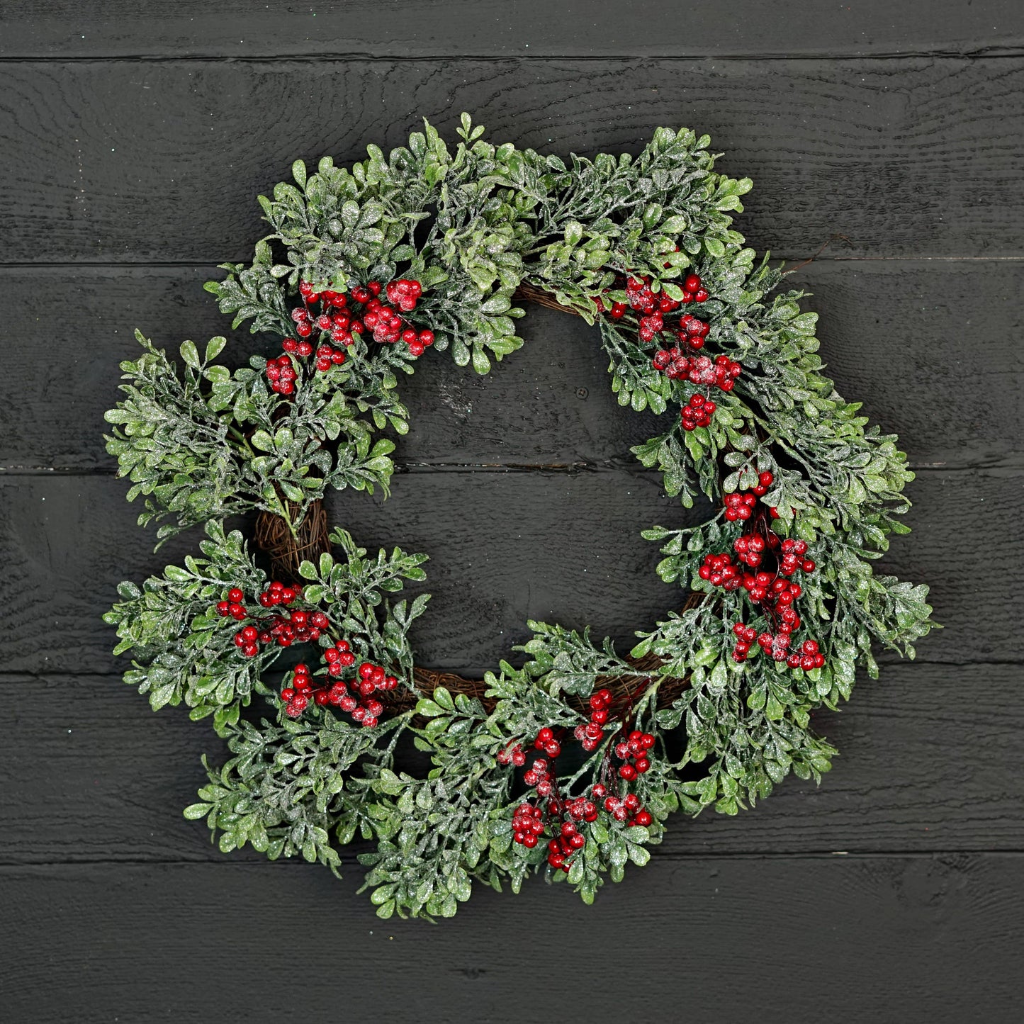 22in Twig Wreath-Icy Sparkle Boxwood with Red