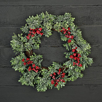 22in Twig Wreath-Icy Sparkle Boxwood with Red
