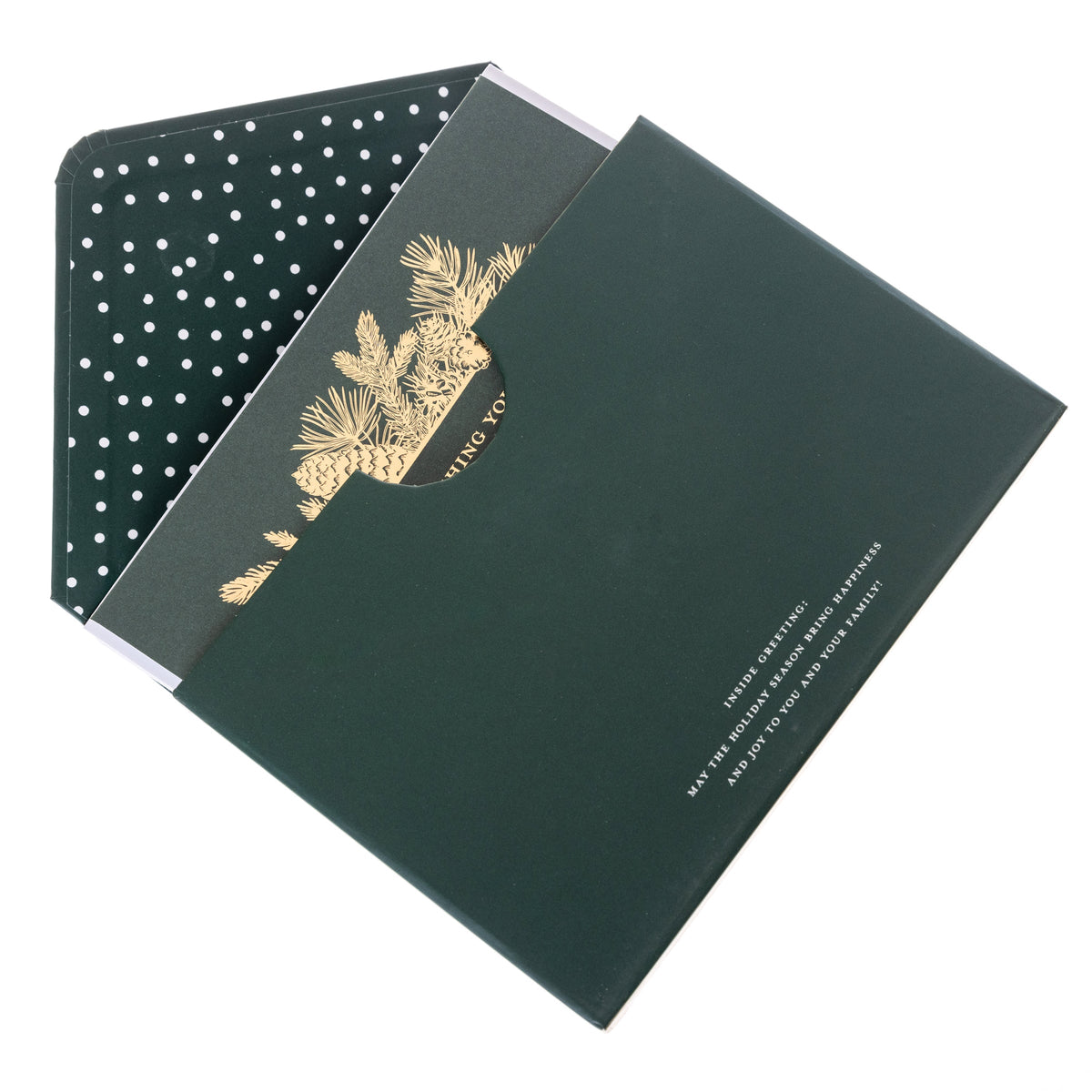 Peace Holiday Keepsake Boxed Cards, A dark green boxed Christmas card set with a gold foil pinecone and pine bough design reading Wishing you peace, love, and joy.