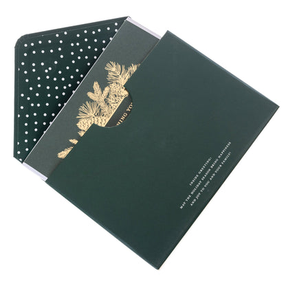Peace Holiday Keepsake Boxed Cards, A dark green boxed Christmas card set with a gold foil pinecone and pine bough design reading Wishing you peace, love, and joy.