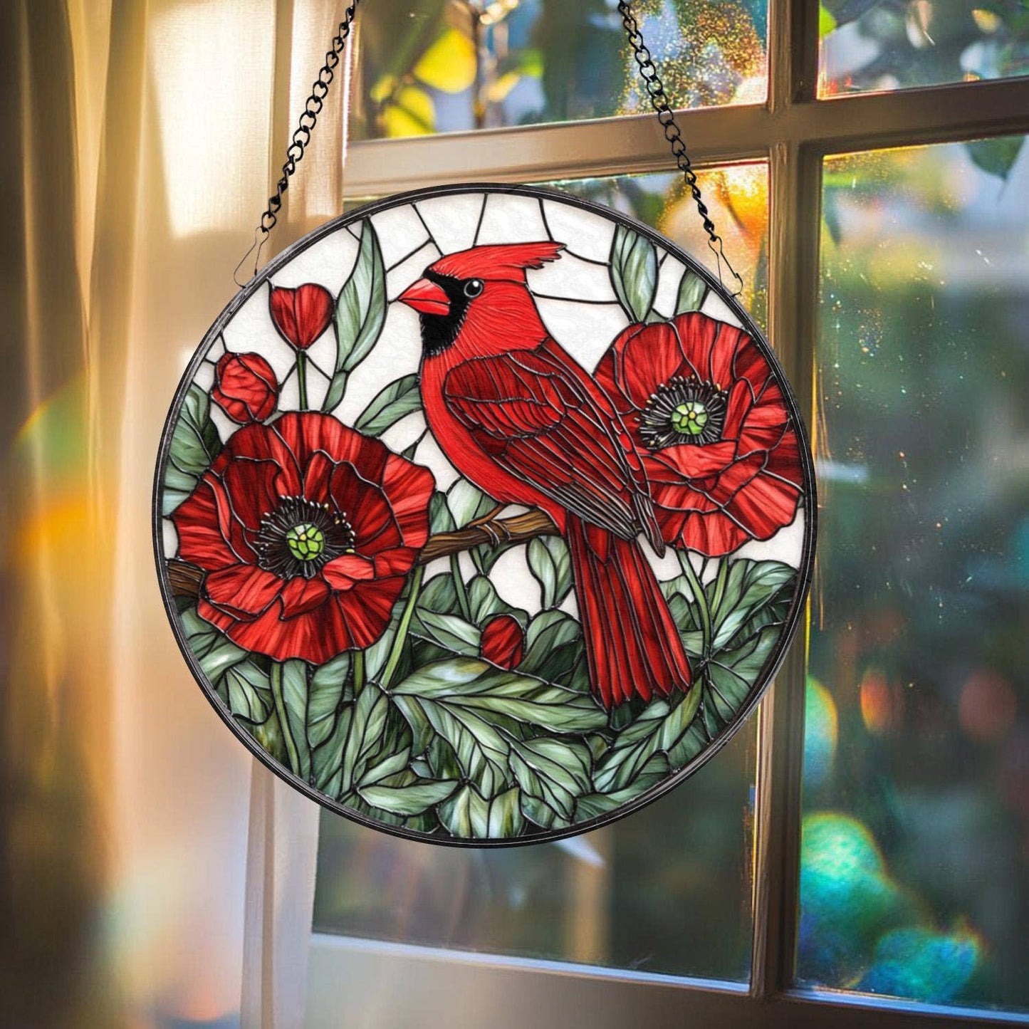 Cardinal and Red Poppy Suncatcher, Floral Ornament