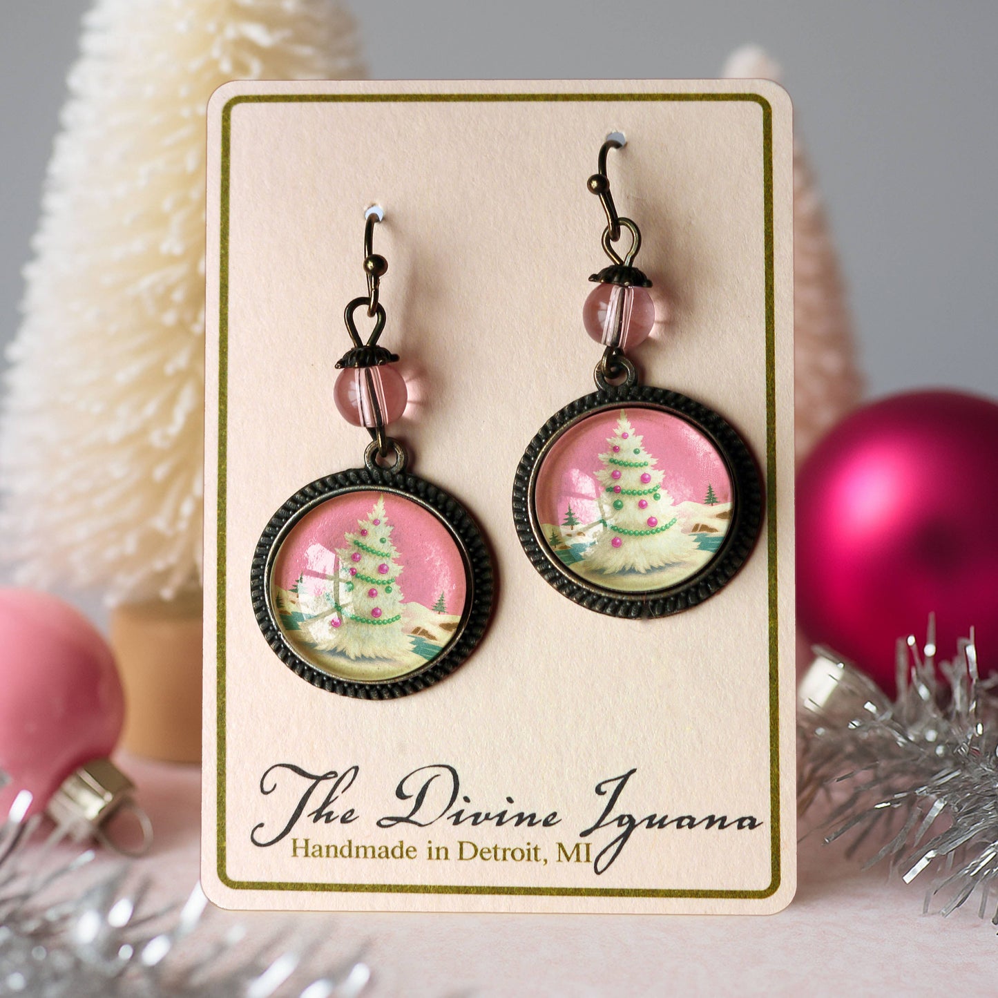 Pink Christmas Tree Earrings