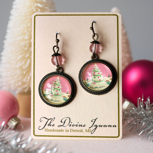Pink Christmas Tree Earrings