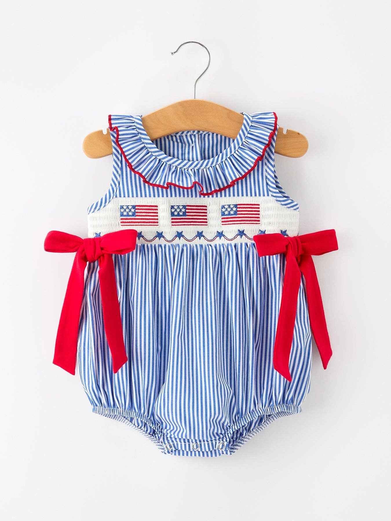 Girls 4th of July Plaid Romper Bow Smocked Embroidery: 3M