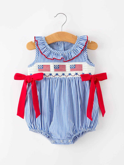 Girls 4th of July Plaid Romper Bow Smocked Embroidery: 3M