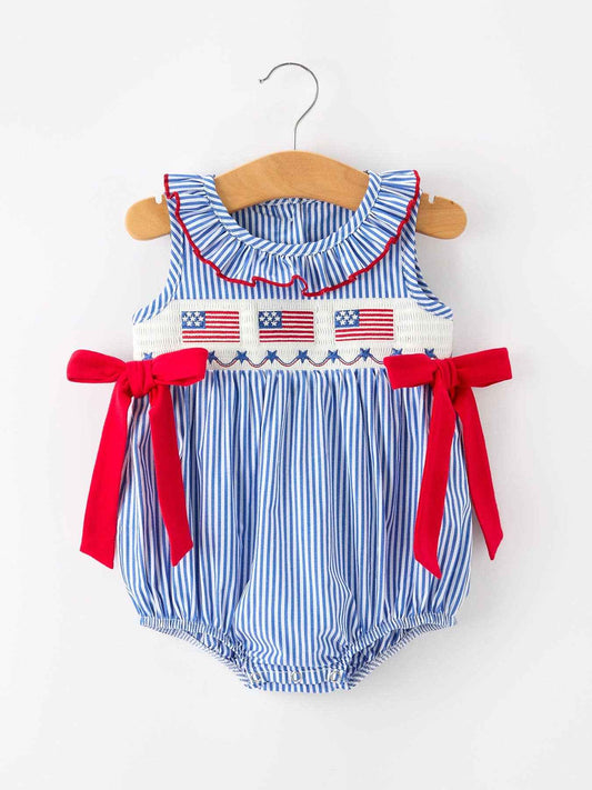 Girls 4th of July Plaid Romper Bow Smocked Embroidery: 3M