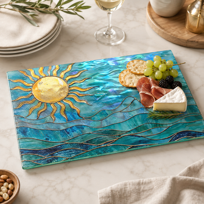Ocean Sun Tempered Glass Cutting Board, Coastal Charcuterie : 8x11 inch