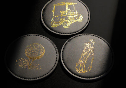 Coaster Set GOLF, NEW Premium Black with Gold Designs