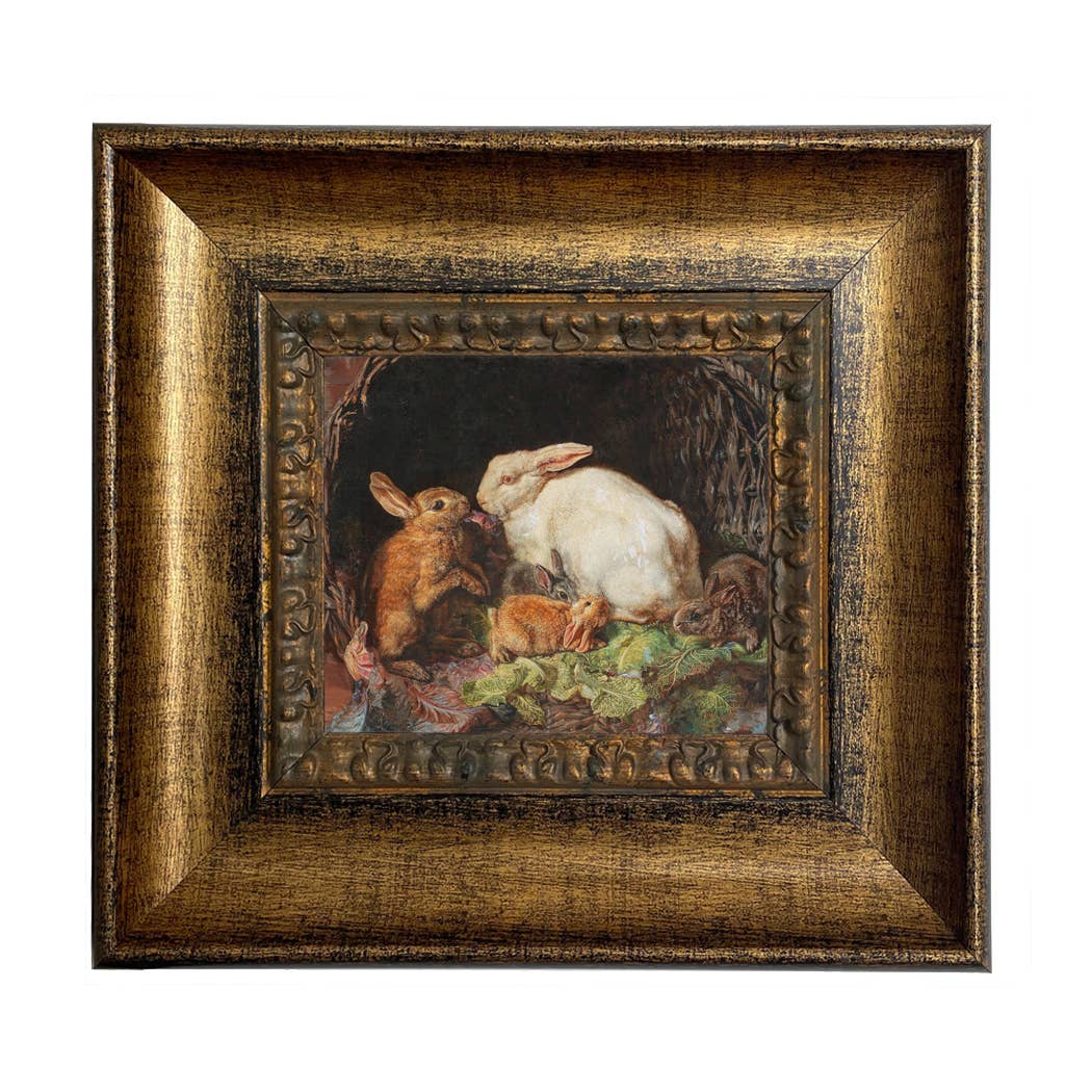 Hares and Young Framed Painting Print on Canvas