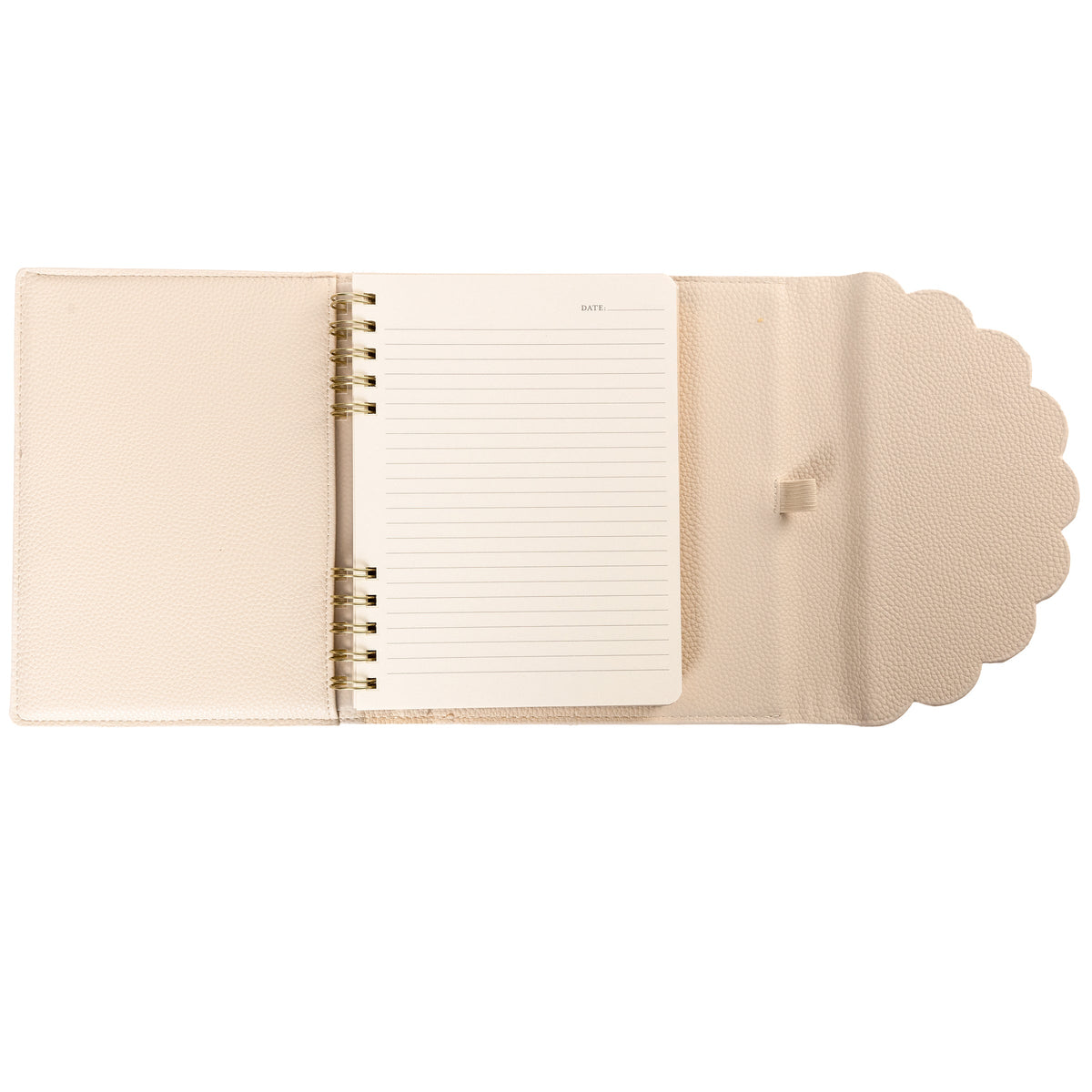 Taupe Vegan Leather Wrap Journal, A taupe vegan leather wrap journal with a scalloped flap and pebbled texture, shown open with its removable spiral insert and pen loop.