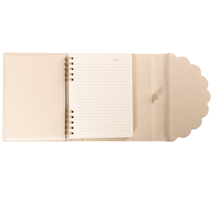 Taupe Vegan Leather Wrap Journal, A taupe vegan leather wrap journal with a scalloped flap and pebbled texture, shown open with its removable spiral insert and pen loop.