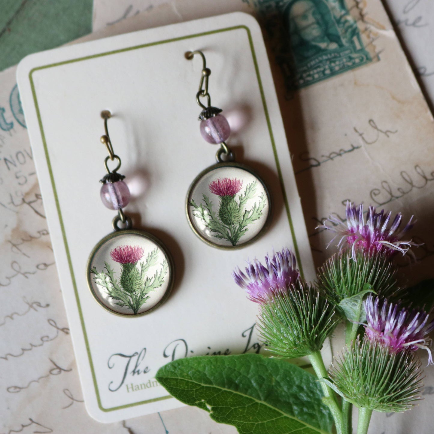 Scottish Thistle Glass Cabochon Earrings