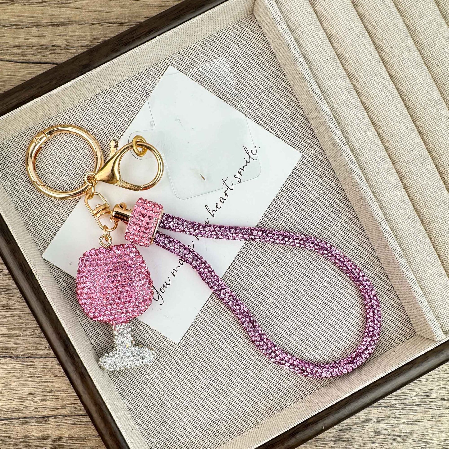 Wine Glass Rhinestone Alloy Keychain Wristlet : Pink