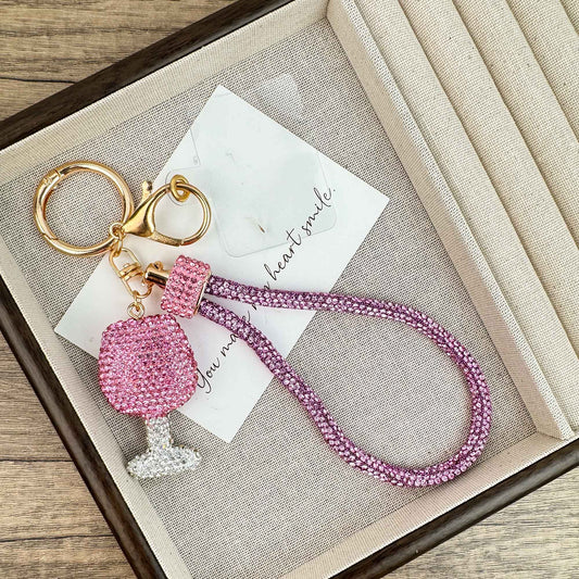 Wine Glass Rhinestone Alloy Keychain Wristlet : Pink