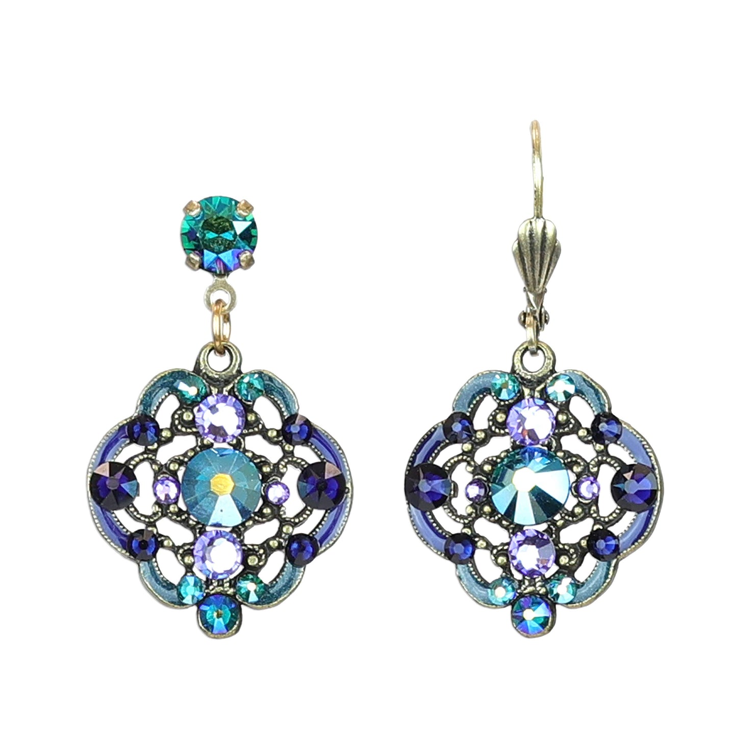 Lustrous Filigree Purple Blue & Green Crystal Drop Earrings