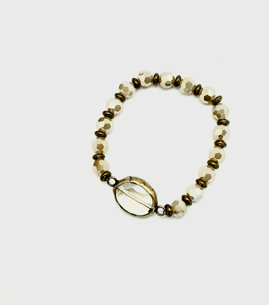 Bracelet Stretch Cut Cream Glass(8mm)w/Beveled Glass Ctr.7”