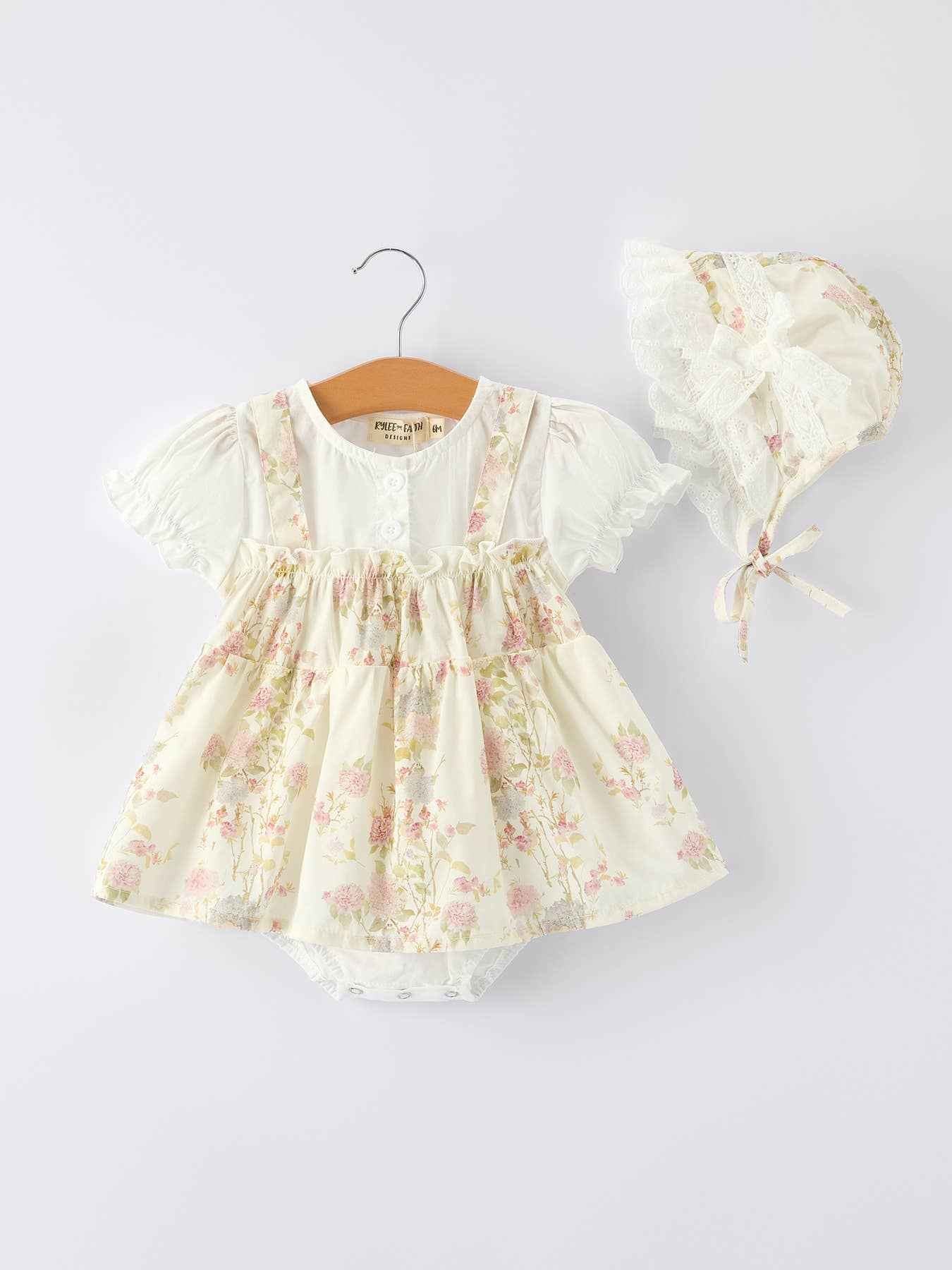 Floral Baby Girl Romper With Bow Ruffle And Hat: 6M