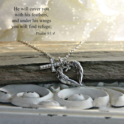 He will cover you Heart Wings Scripture Necklace