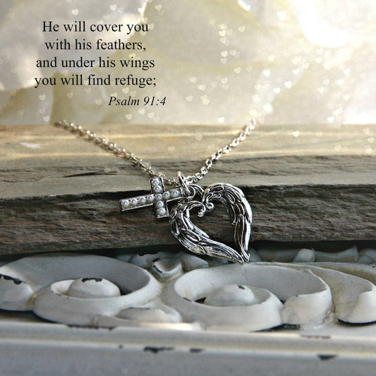 He will cover you Heart Wings Scripture Necklace