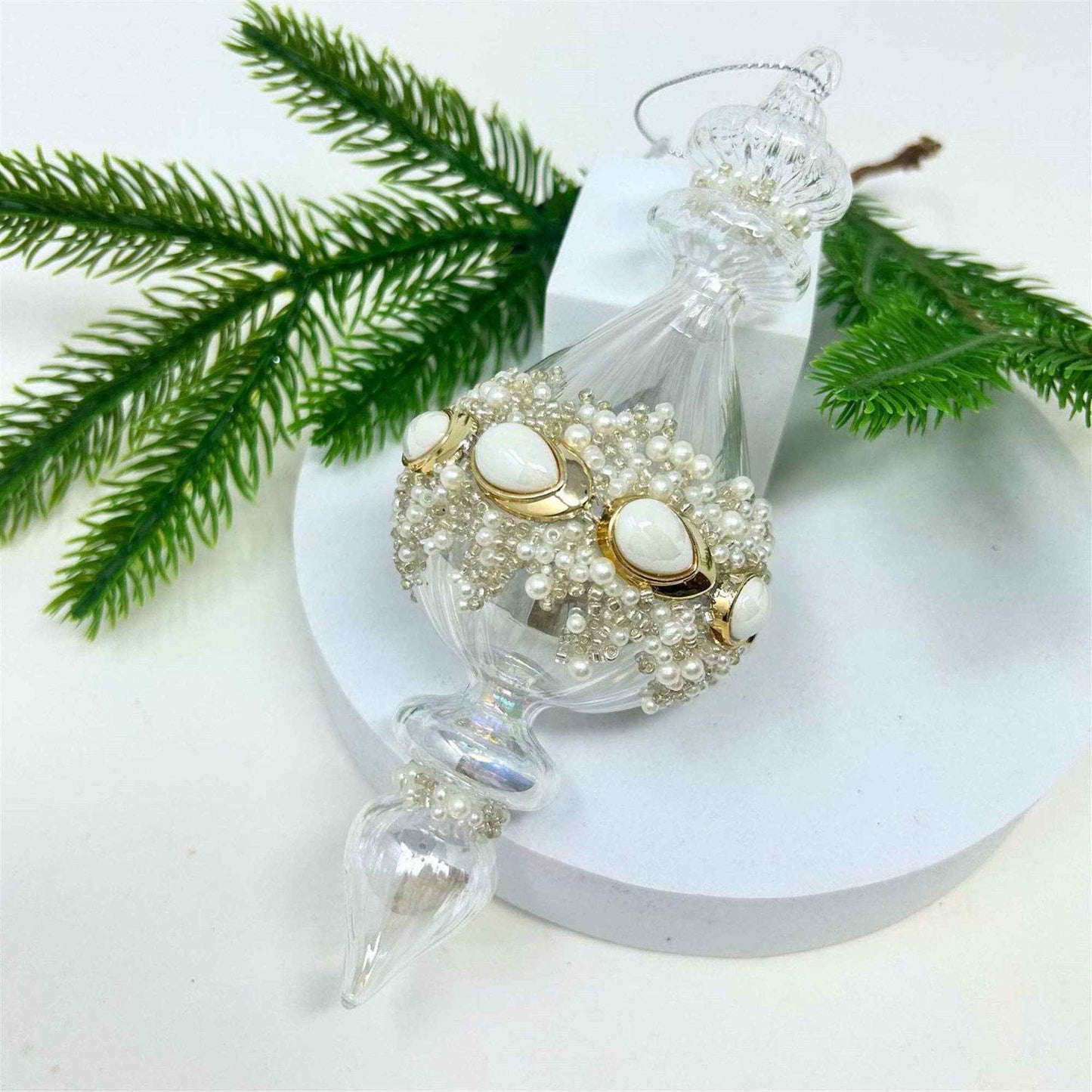 Clear Glass Pearl Bead Finial Ornament 7.25"