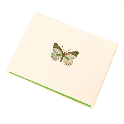 La Petite Presse Butterfly Boxed Correspondence Notes, A cream notecard with a colorful teal, orange, and brown foil butterfly, paired with a bright green lined envelope in an open teal gift box.