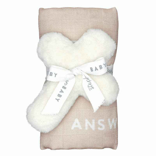 Swaddle Blanket + Cross Rattle - Answered Prayer: 45" Sq