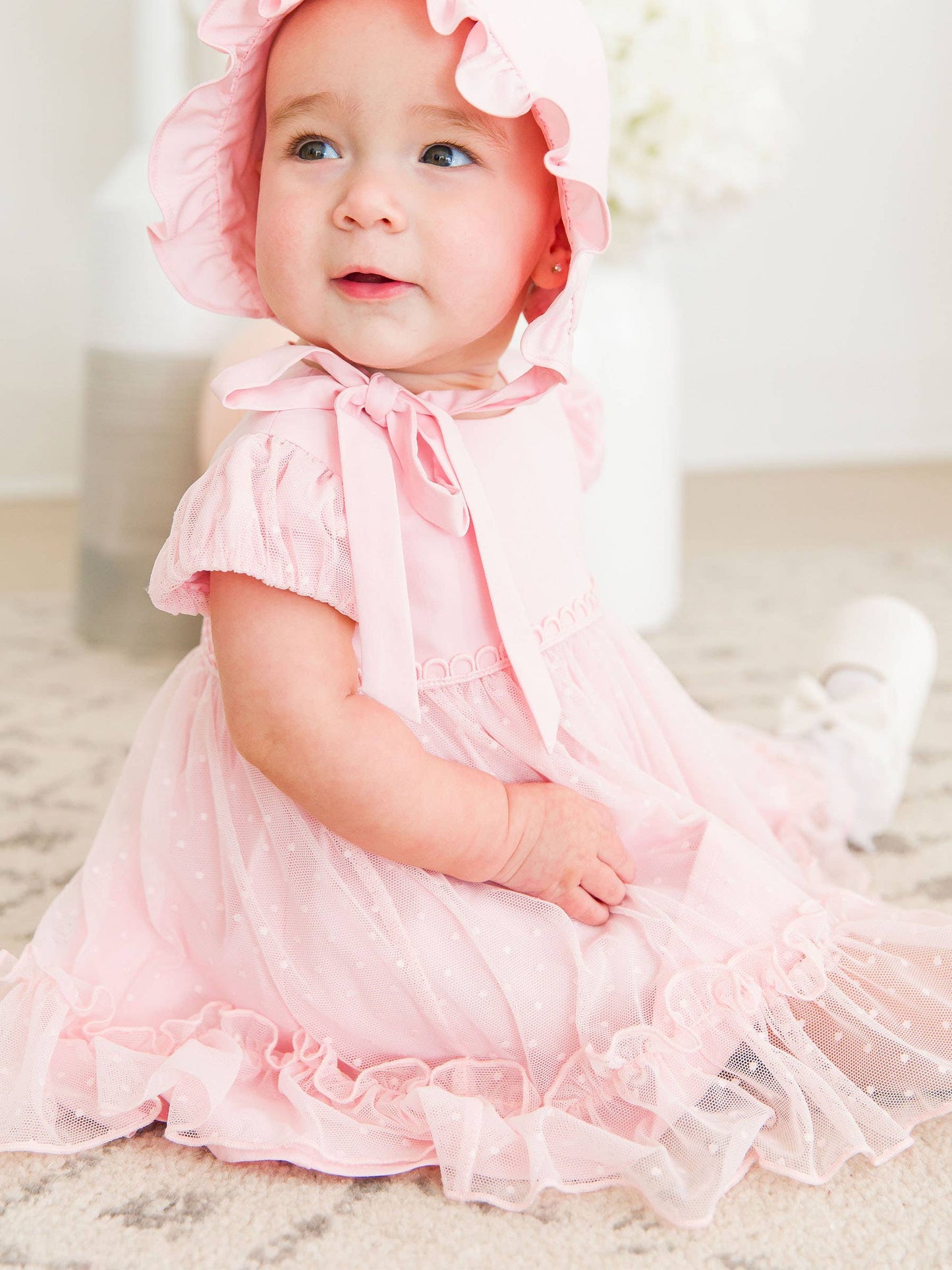 Baby Girls Baby Pink Dotted Tulle Dress & RuffleButt Set