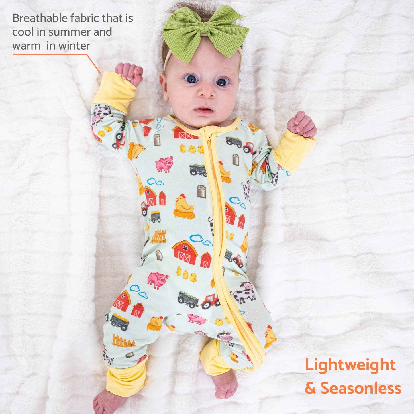 LollyBanks - Bamboo Baby Convertible Zipper Pajamas - Farm Pigs Cows Barn