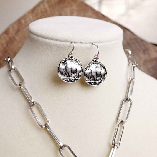 Western Buffalo Coin Earrings  – Worn Silver Tone