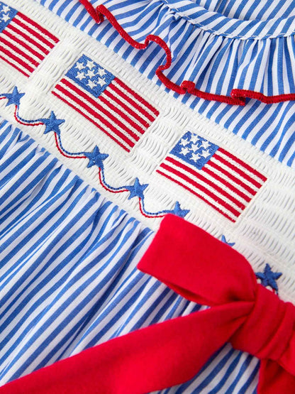 Girls 4th of July Plaid Romper Bow Smocked Embroidery: 3M