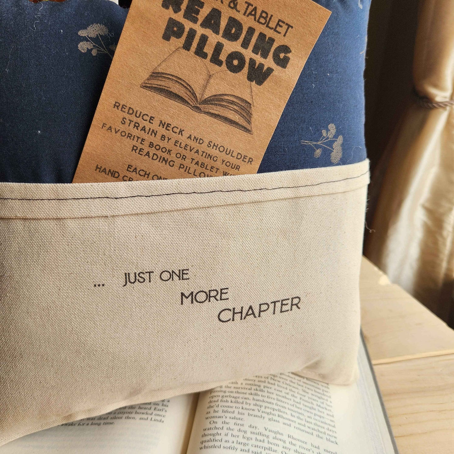 Just One More Chapter, Reading Pillow, navy floral