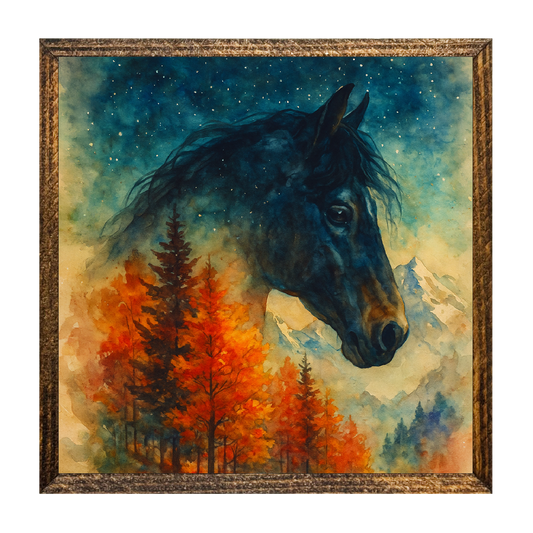 Jarmz Designs - 7"x7" WOOD FRAMED CANVAS SHELF SITTER-MOUNTAIN HORSE ABST