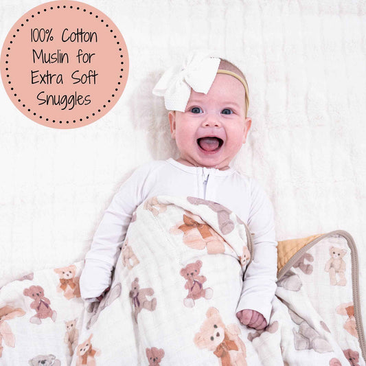 LollyBanks - Bear Hugs Baby Toddler 100% Cotton Muslin Blanket  47"x47"