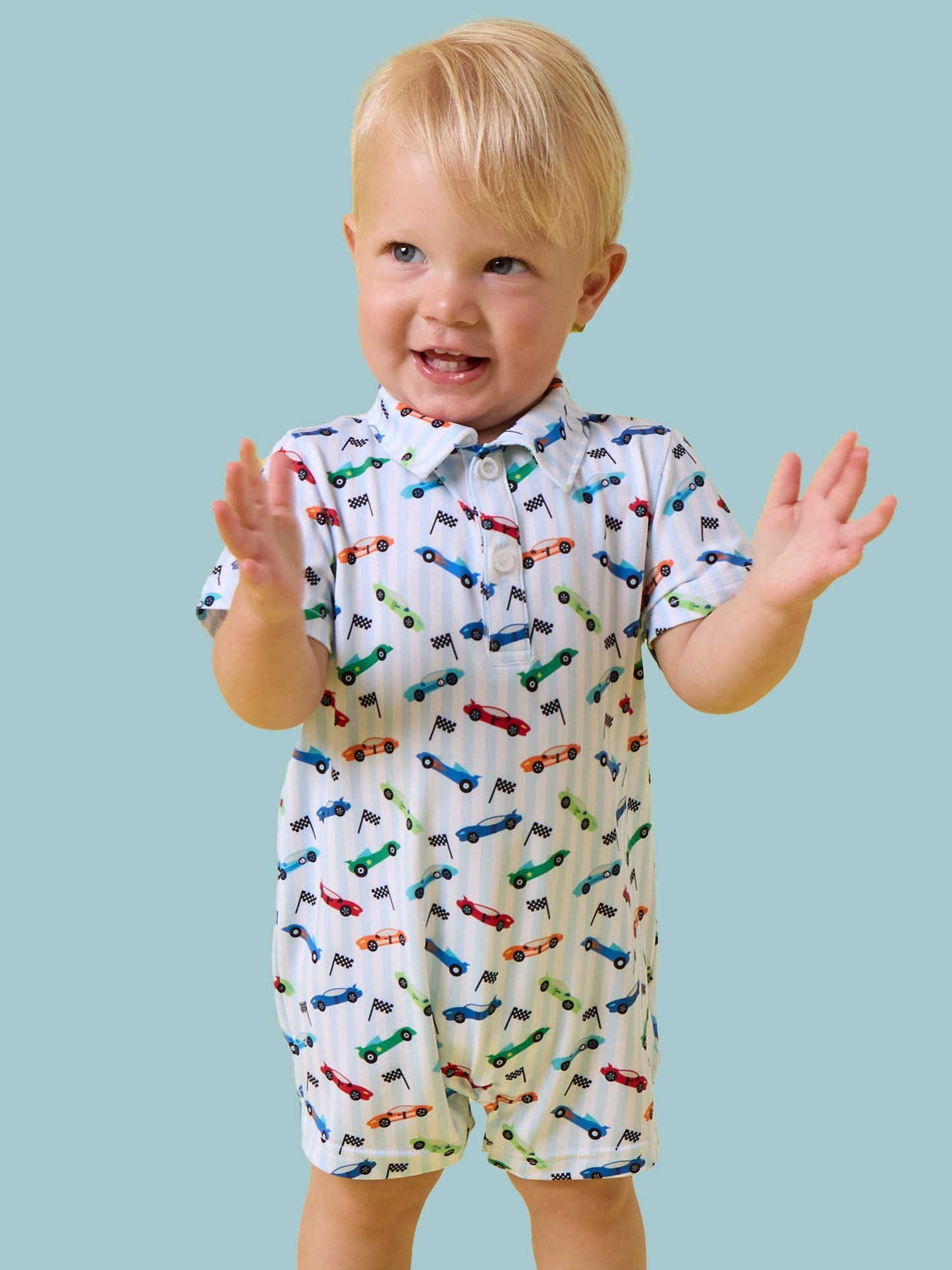 Baby Boys Let's Roll Racecar Performance Polo Romper: Blue