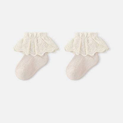 Autumn and Spring Baby Kids Girls Breathable Lace Trim Vintage Socks: Beige / S (0-1Y)