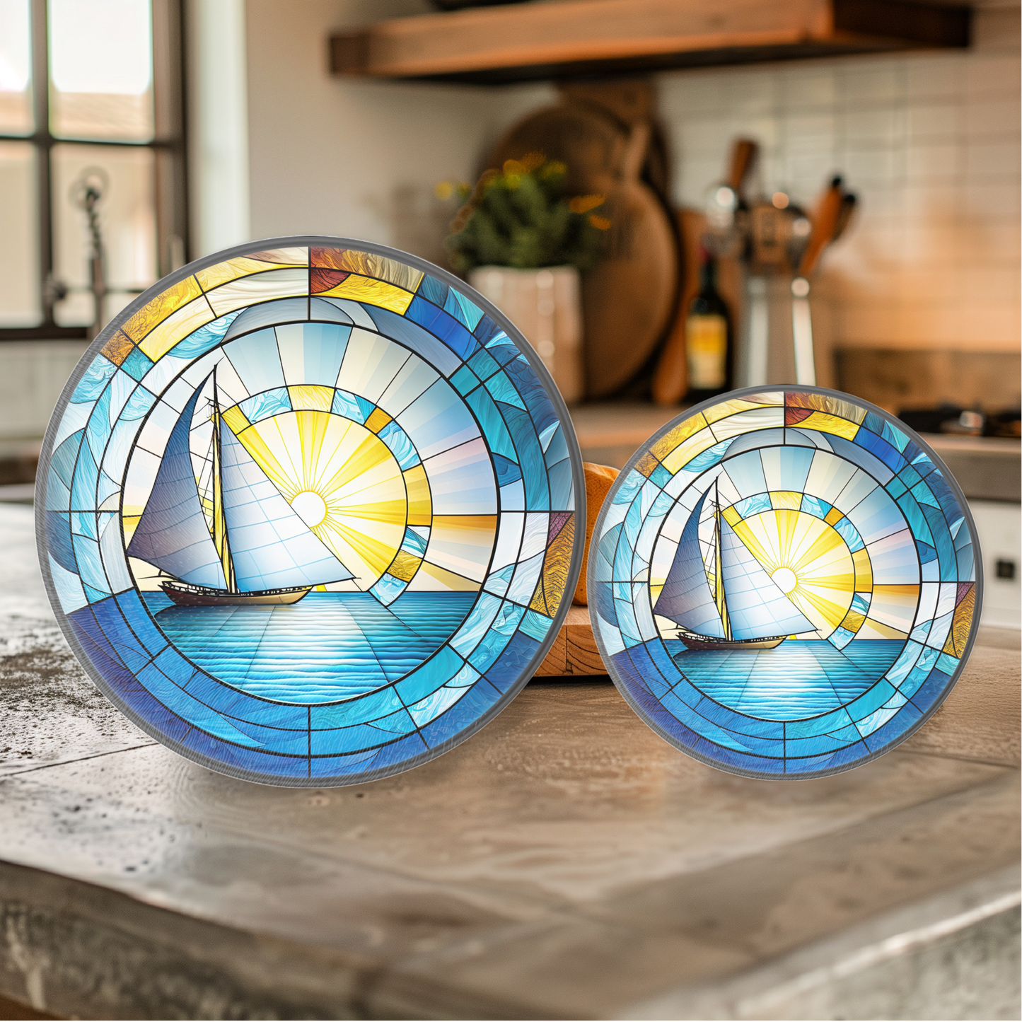 Tempered Glass Cutting Board: Sailboat Nautical Serving Tray: 12 - Inch