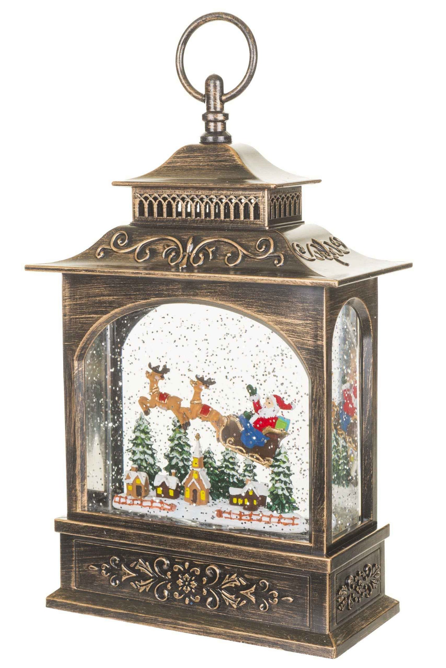 NEW-Antique Brown Lantern Snow Globe with Santa in Sleigh
