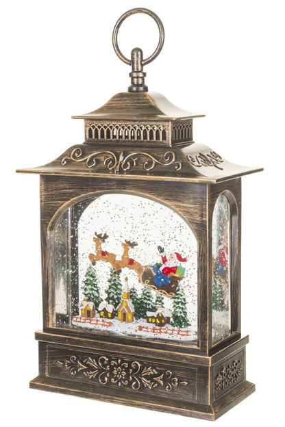 NEW-Antique Brown Lantern Snow Globe with Santa in Sleigh