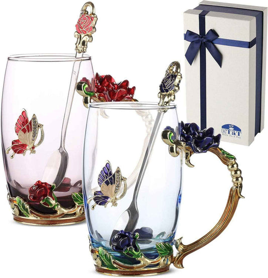 Floral Glass Tea Cups – Set of 2