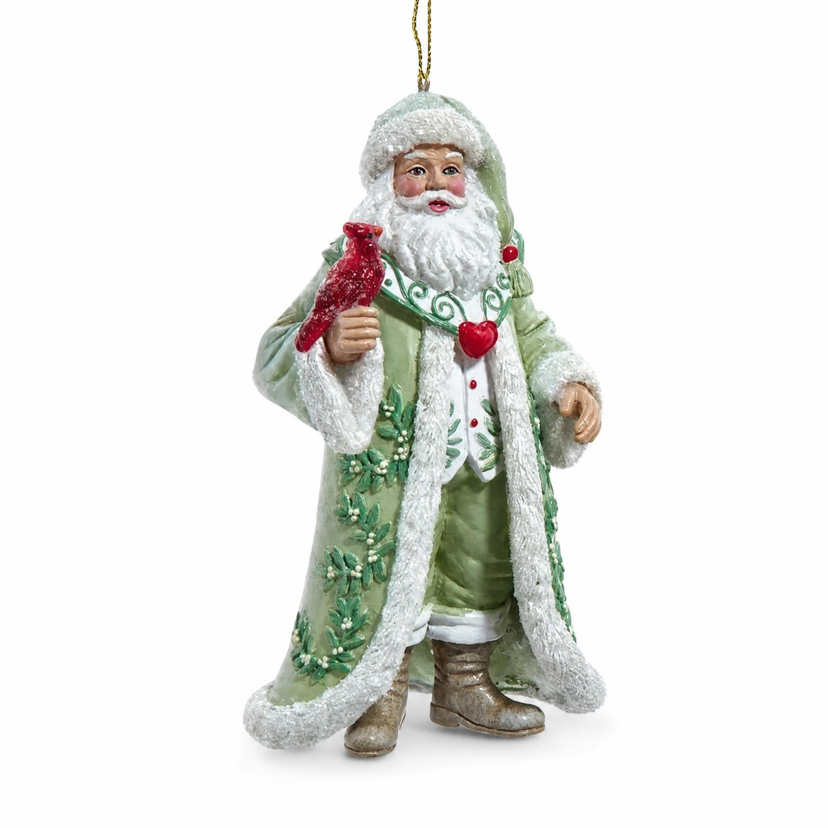 Sage Green Cardinal Santa Christmas Ornament, Cardinal design: a red cardinal perched on his raised hand, a red heart at his collar