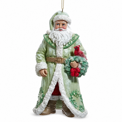 Sage Green Cardinal Santa Christmas Ornament, Wreath design: a green wreath tied with a red bow, a cardinal perched on top
