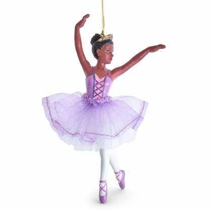 African American Ballerina Christmas Ornament, Lavender design: a laced lavender bodice, one arm raised overhead and the other reaching out