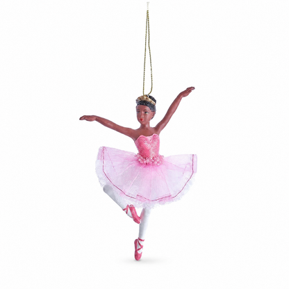 African American Ballerina Christmas Ornament, Pink design: a pink sweetheart bodice, both arms lifted wide and one knee drawn up
