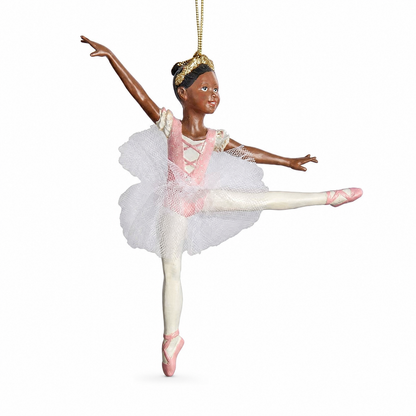 Black Ballerina Tulle Tutu Christmas Ornament, White Tutu design: white tulle and a pink laced bodice, on pointe with one leg stretched out to the side